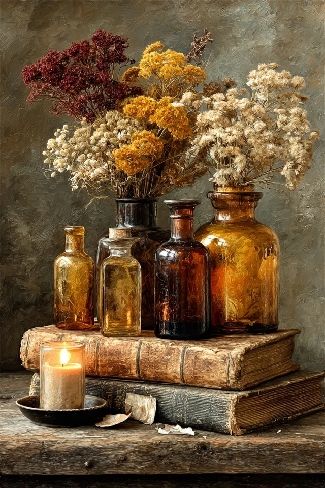 Vintage Still Life Oil Painting Amber Glass Bottles