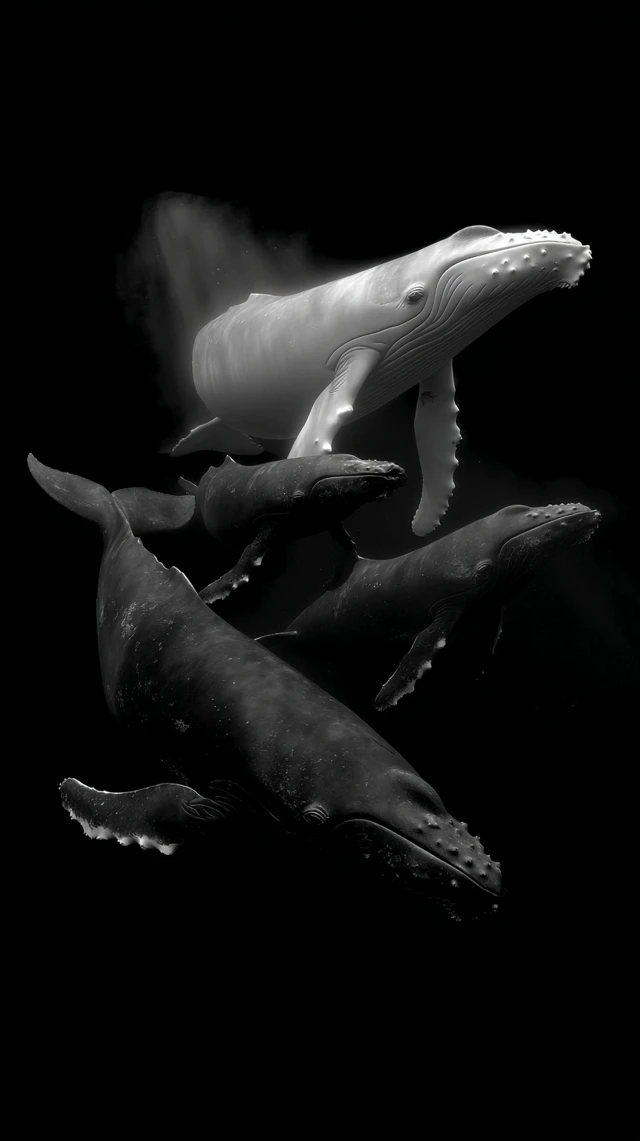 Whales Swimming Underwater Black Background