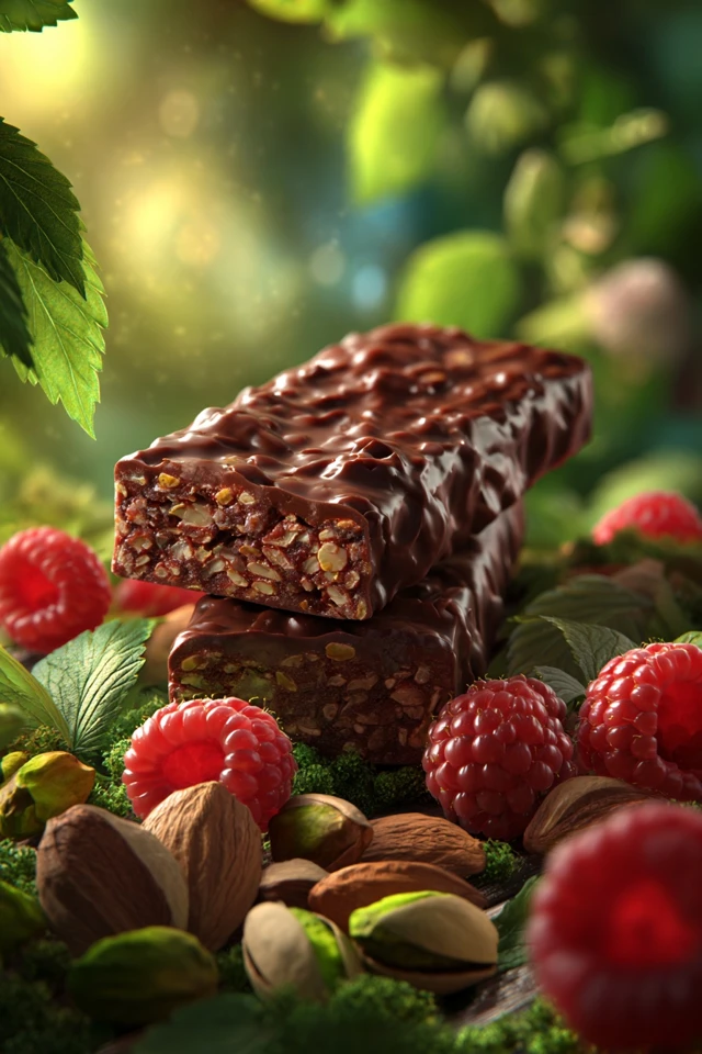 Chocolate Protein Bar with Raspberries and Pistachios