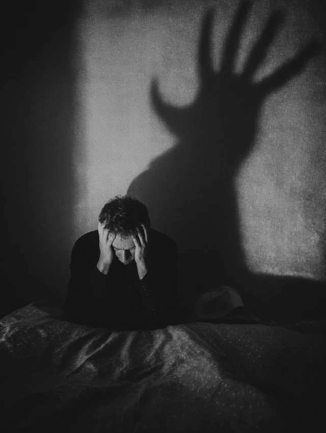 Man Overwhelmed by Shadow Anxiety and Fear