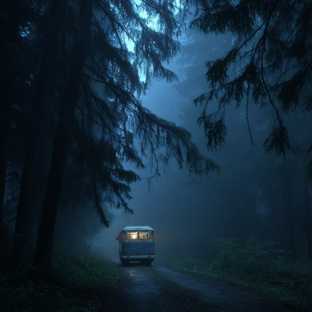 Forest Road at Night PAZ-672 Bus in the Fog