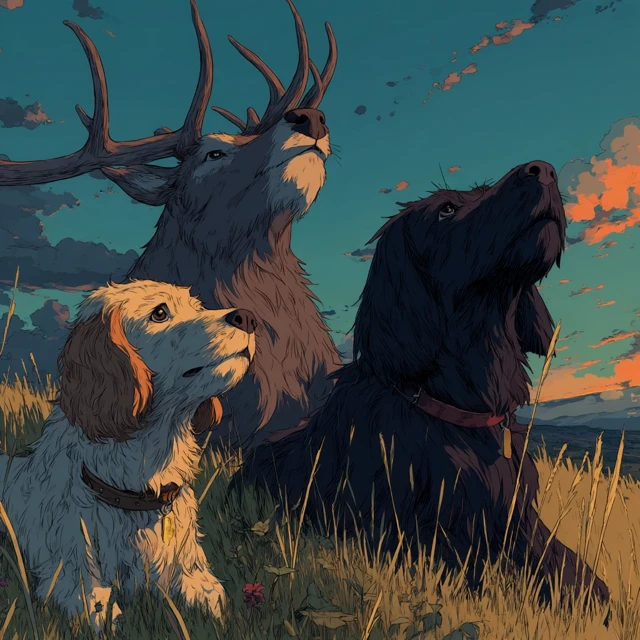 Proud Deer and Cocker Spaniels Ghibli Style
