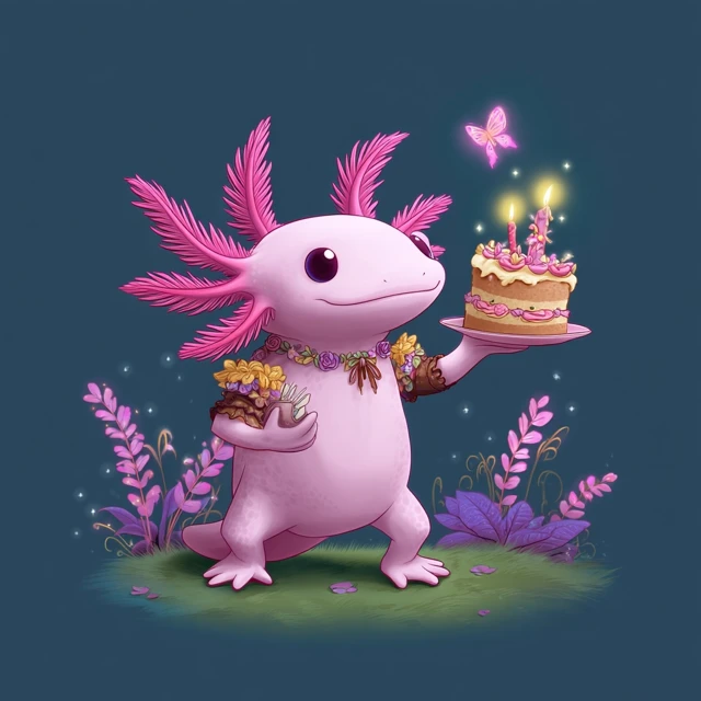 Bohemian Axolotl Birthday Cake Illustration