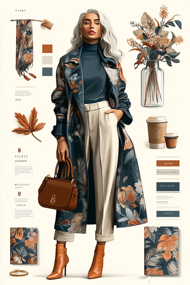 Autumn Fashion Illustration Floral Trench Coat