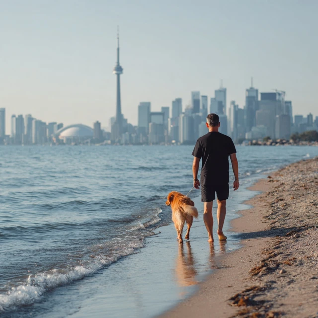 Toronto Beach Walk Man and Golden Retriever