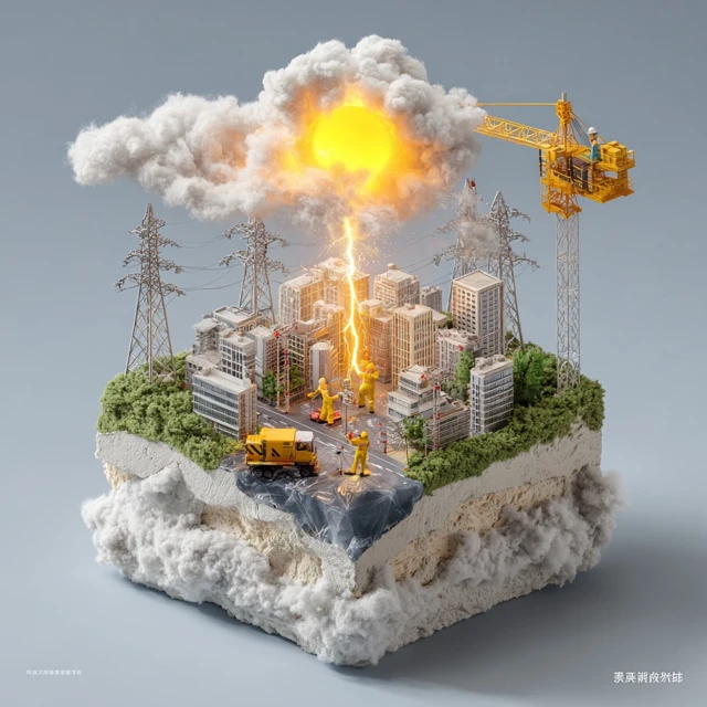 Chinese Electricians Working on Power Lines 3D City