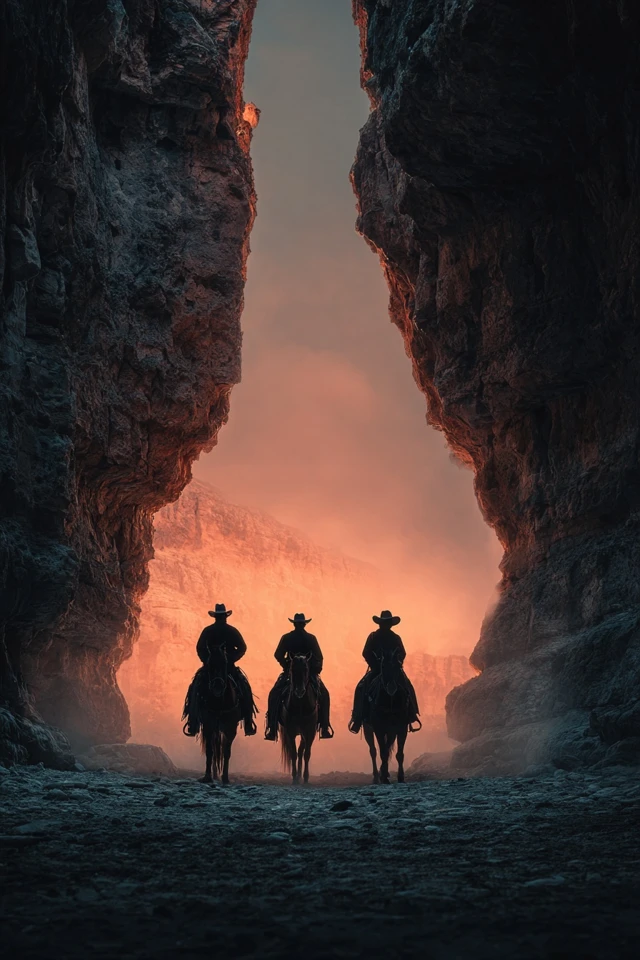 Wild West Horsemen in a Canyon Sunset