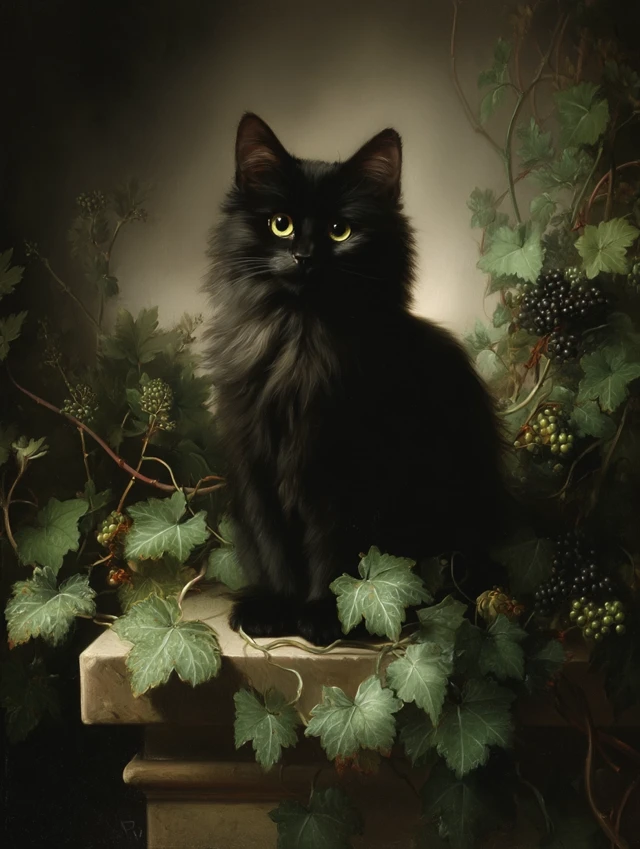 Black Cat Portrait in Classical Style Painting