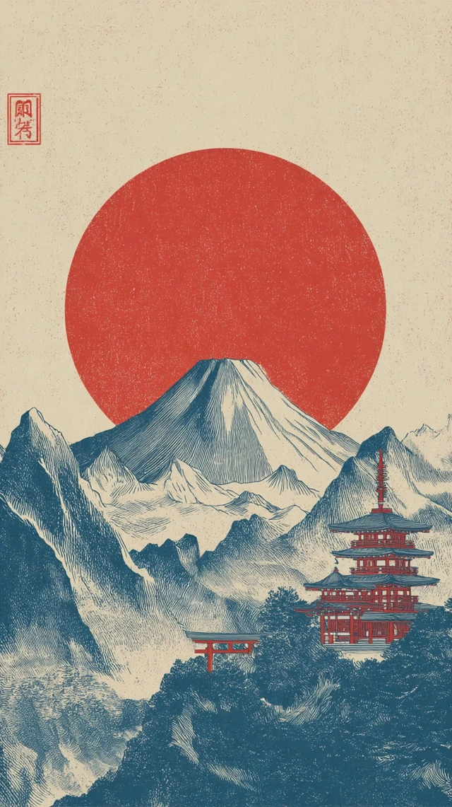 Japanese Mountain Landscape Graphic Art