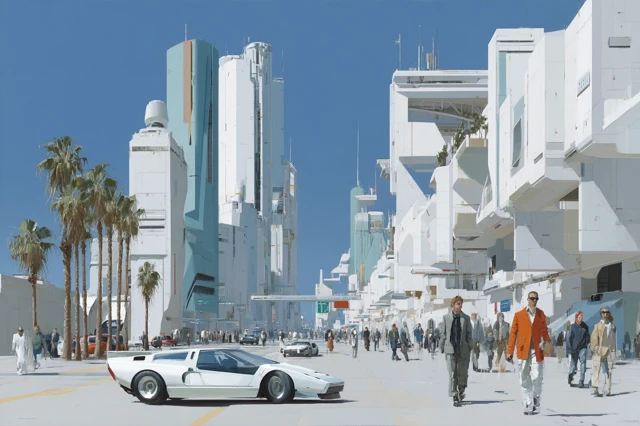 Futuristic LA Oil Painting Sci Fi City Cars and People