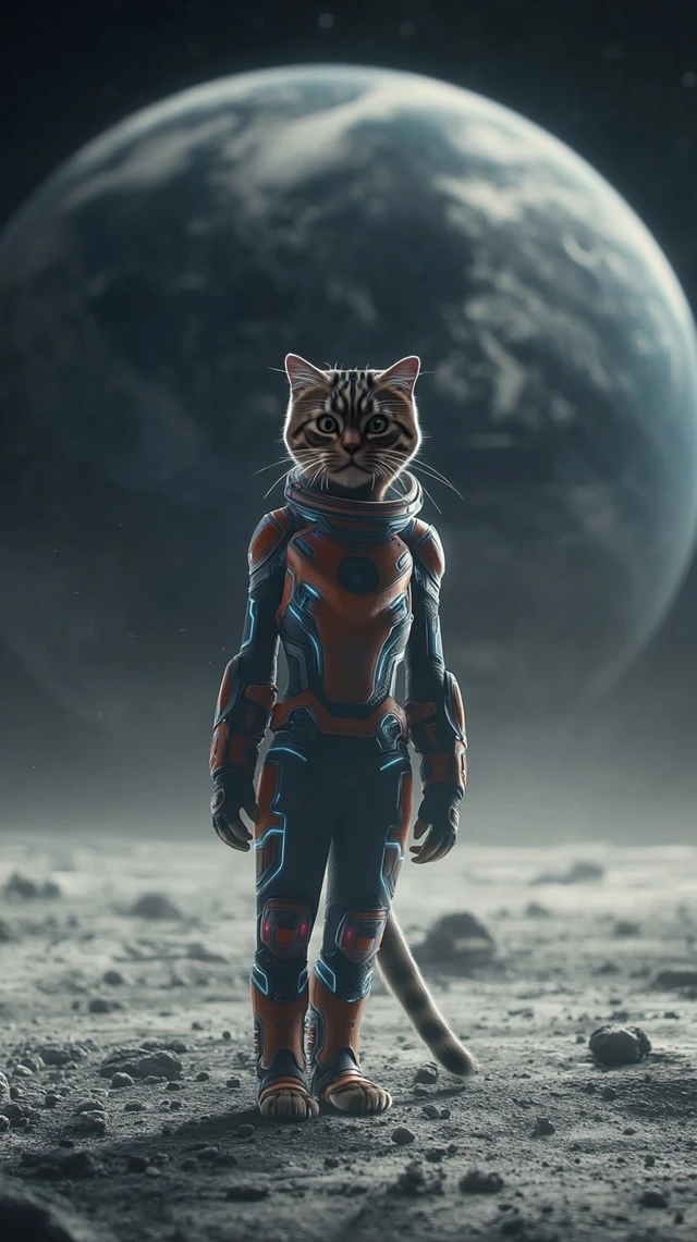Space Cat Astronaut on the Moon Futuristic SciFi Art