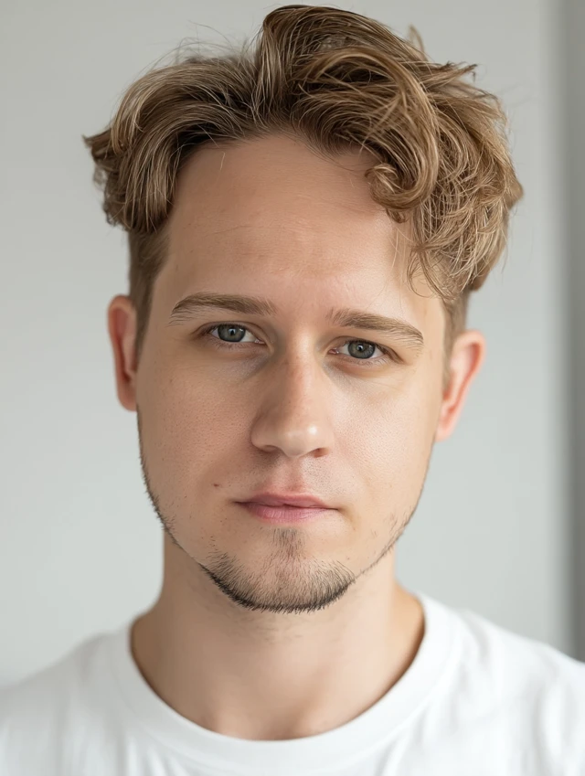 Headshot of a handsome blond man in a white tee