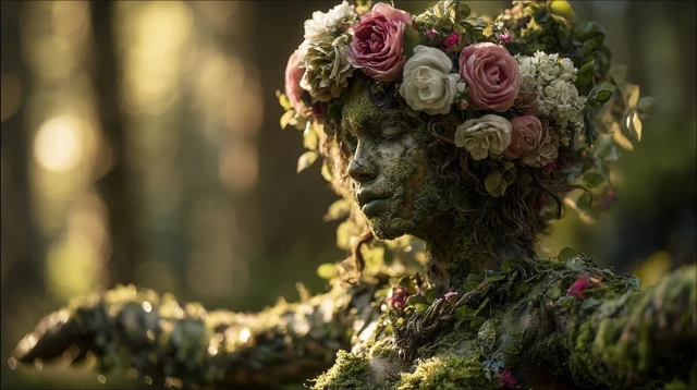 Nature Spirit Woman in a Forest Blossoming with Life