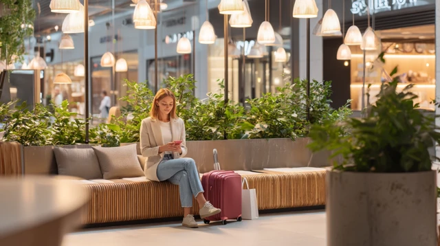 Woman in Shopping Mall Using Phone Lifestyle Editorial