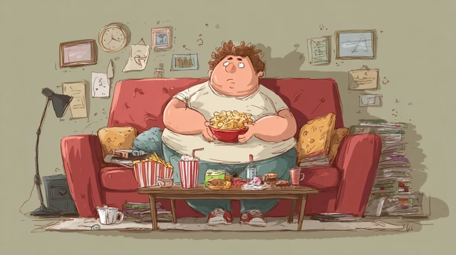 Cartoon of an Overweight Person Eating Junk Food on a Couch