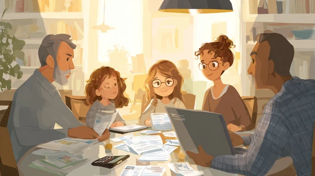 Family Budget Discussion at Dining Table Illustration