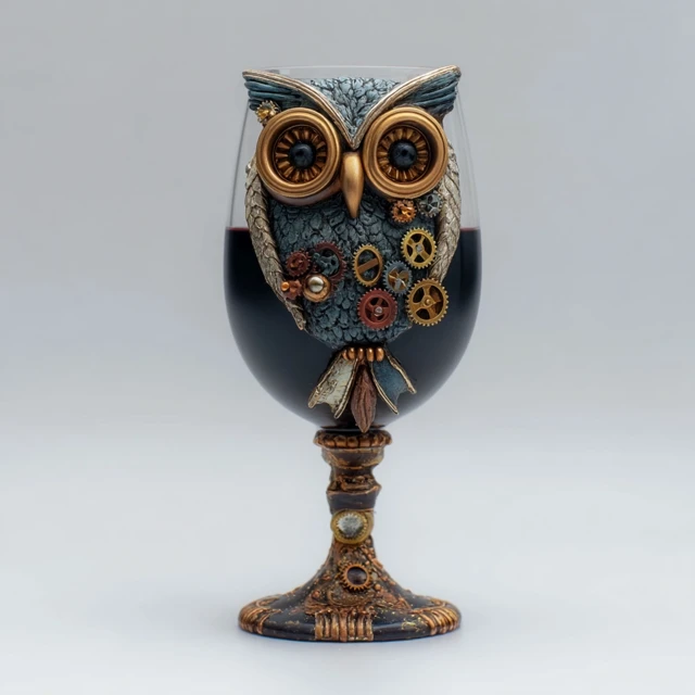 Steampunk Owl Wine Glass Polymer Clay Art