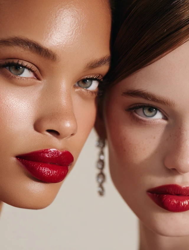 Models with Red Lipstick Makeup Close Up