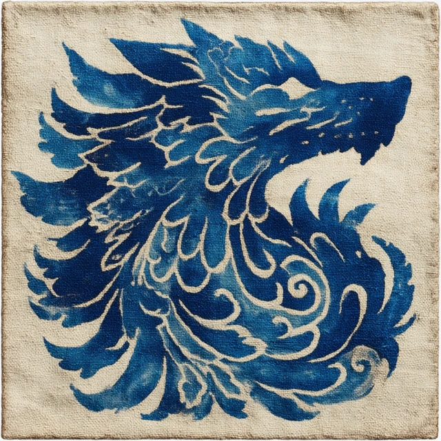 Indigo Tie Dye Wolf Art Traditional Chinese
