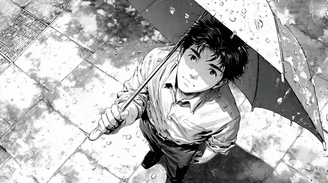 Manga Illustration of a Man in Rain
