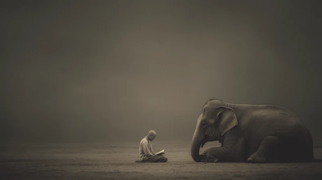 Monk and Elephant Reading: Zen Desert Scene