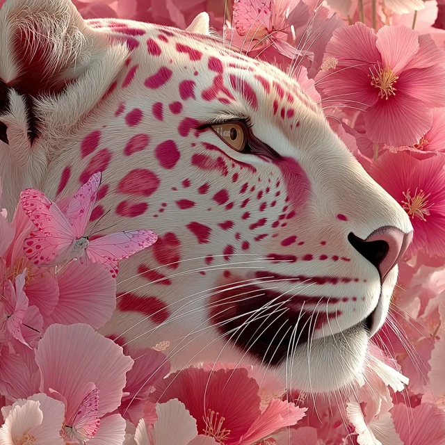 Pink Leopard in Flowers Surrealist Art