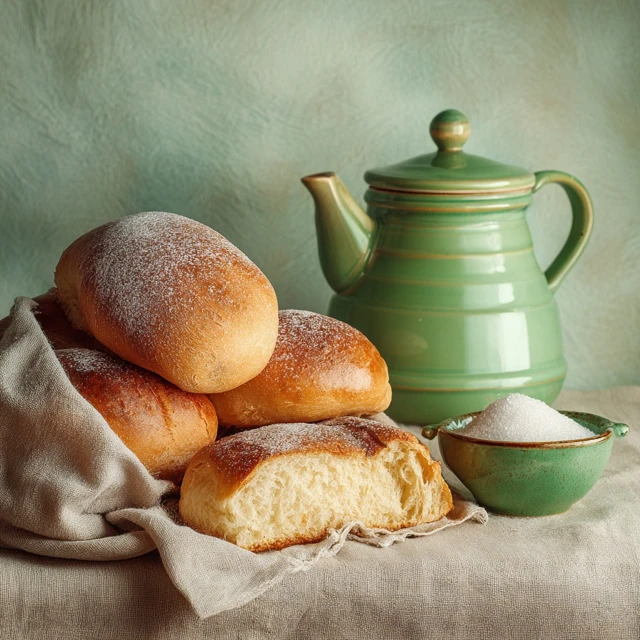 Freshly Baked Bread with Sugar and Tea