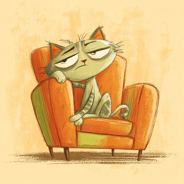 Cute Cat Illustration Relaxing on Retro Sofa