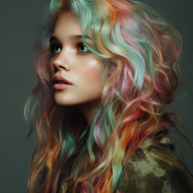 Beautiful Woman with Rainbow Hair Fashion Photo