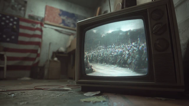 Retro TV Static Cluttered Backroom American Flag