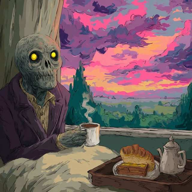 Ghoul Cat Having Coffee Scary Morning