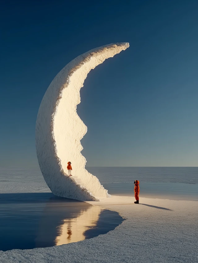 Moon Astronaut on Ice Lake Winter
