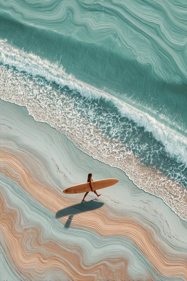 Girl Surfer Walking on Beach with Surfboard