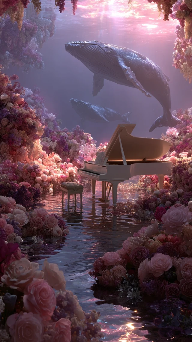 Surreal Dreamscape Whales Piano Flowers 3D