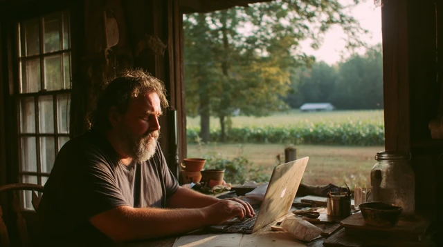 Man in Farmhouse Typing Email