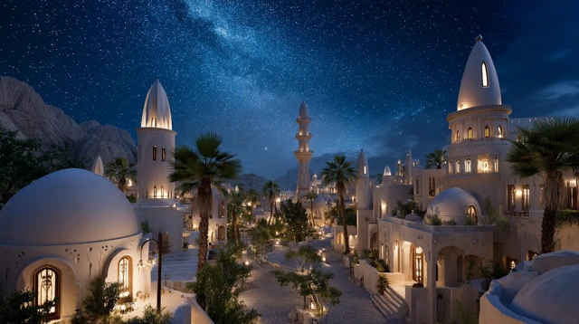 Mystical Islamic Village Night Scene