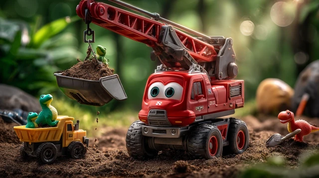 Cartoon Crane and Dinosaurs in a Sandbox