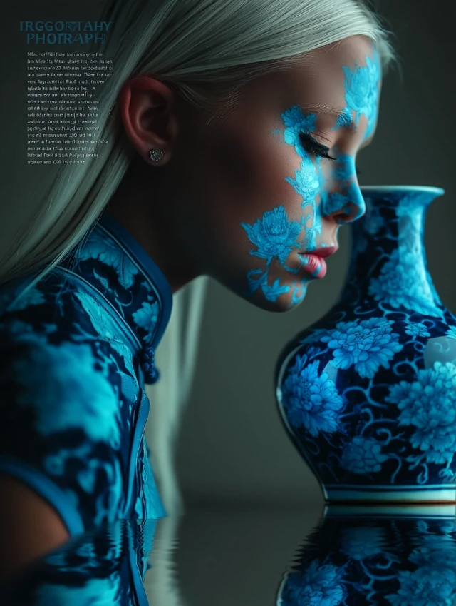 Surreal Model in Blue Floral Ceramic Style