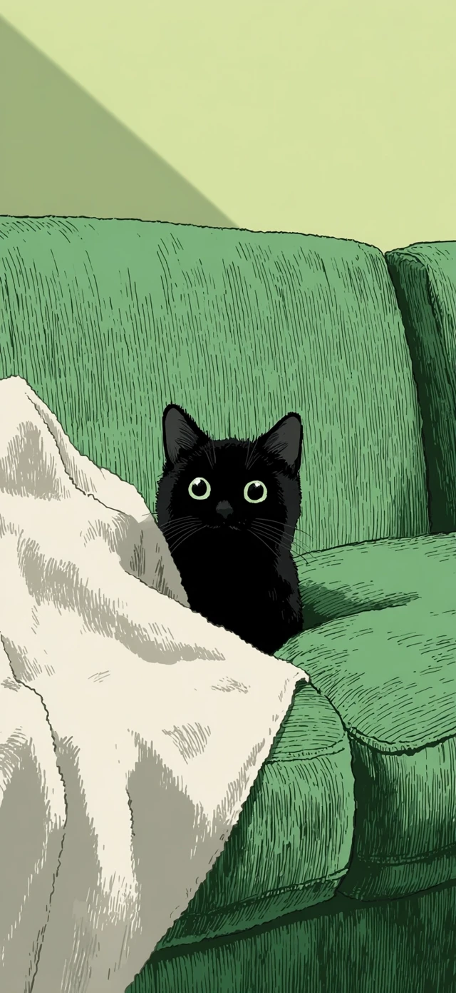 Cute Black Cat Hiding in Blanket Anime Style