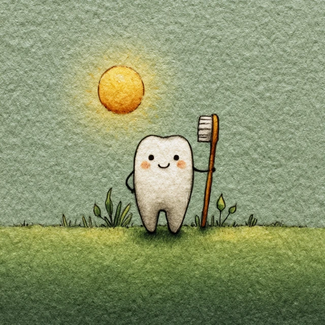 Cute Cartoon Tooth with Toothbrush in Meadow