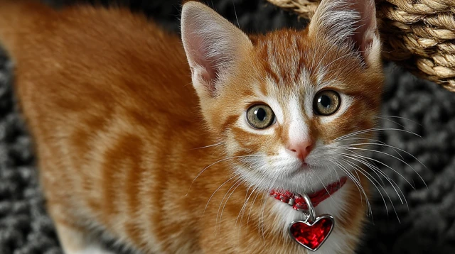 Cute Kitten with Ruby Heart Collar