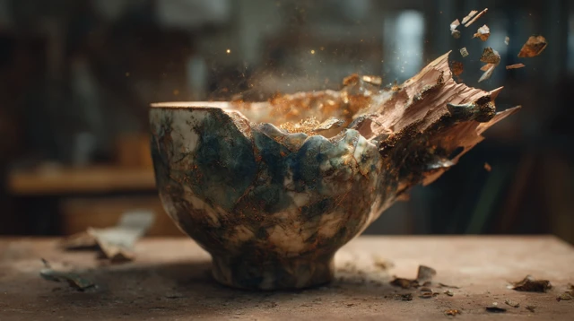 Broken Cup Art Artistic Teacup Fragments Gold Blue