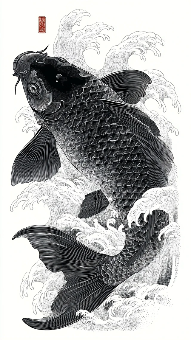 Japanese Koi Fish In Waves Linocut Art