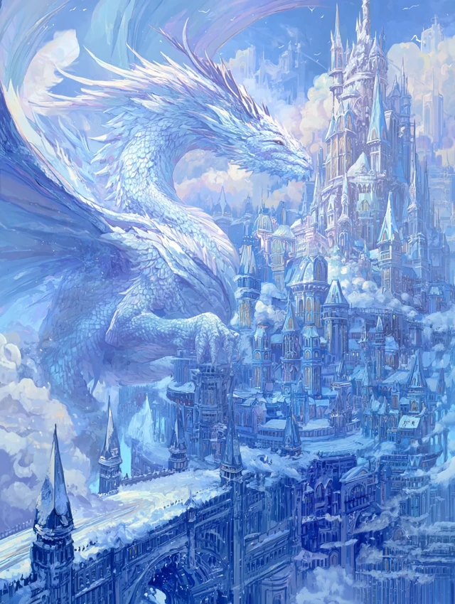 Majestic White Dragon on Ice Castle Fantasy Art