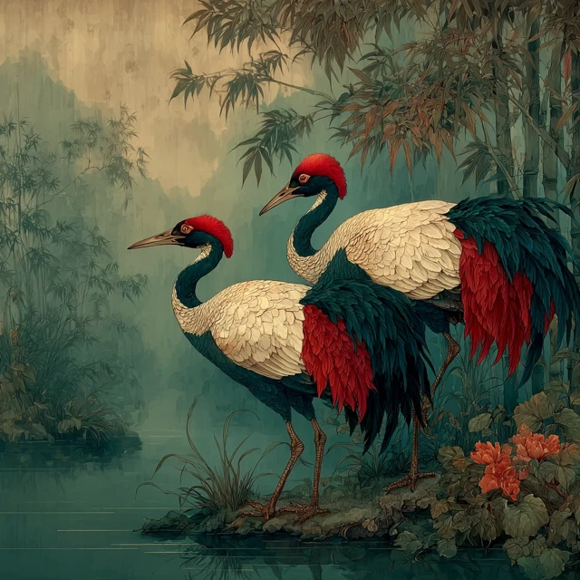 Ancient Chinese Art Red Crowned Cranes Bamboo Forest