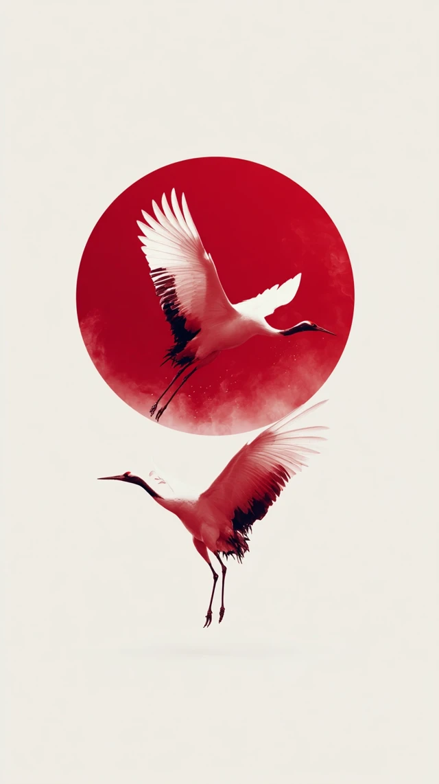 Japanese Crane Painting: Red Sun and White Cranes