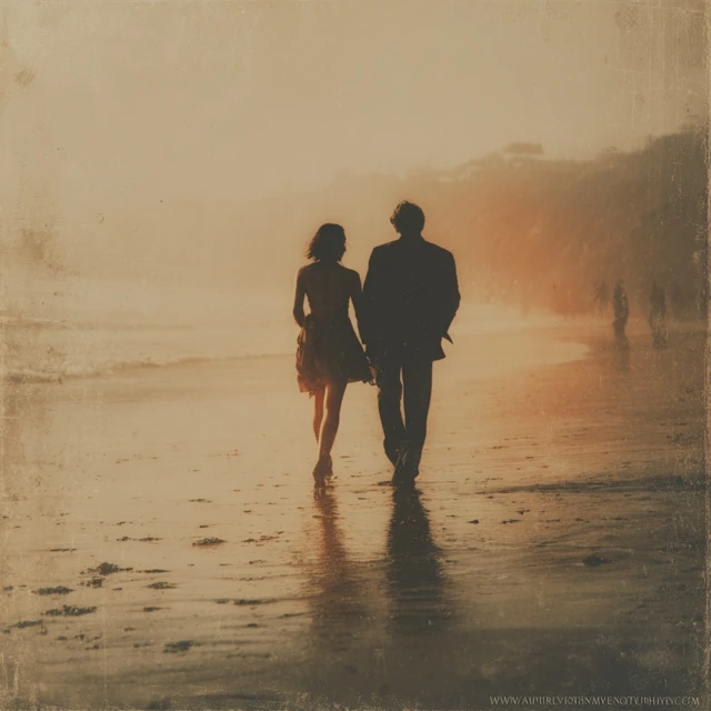 Couple Walking on Beach Vintage Polaroid Sunset