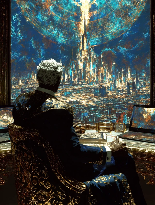 Clockwork CEO Ruling a Cyberpunk City