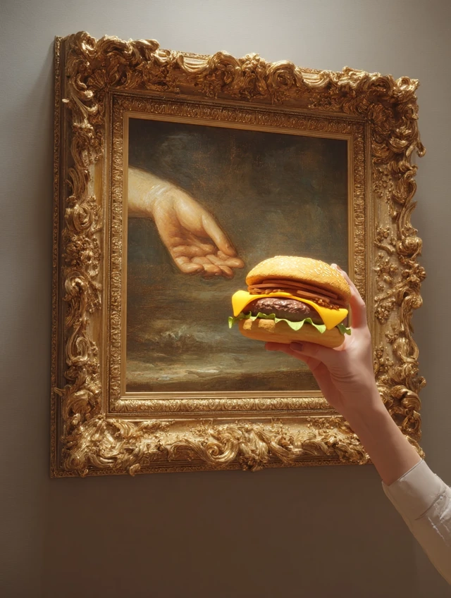 Artful Burger: Baroque Frame Meets Modern Feast