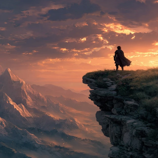 Warrior at Golden Hour Overlooking Mountains
